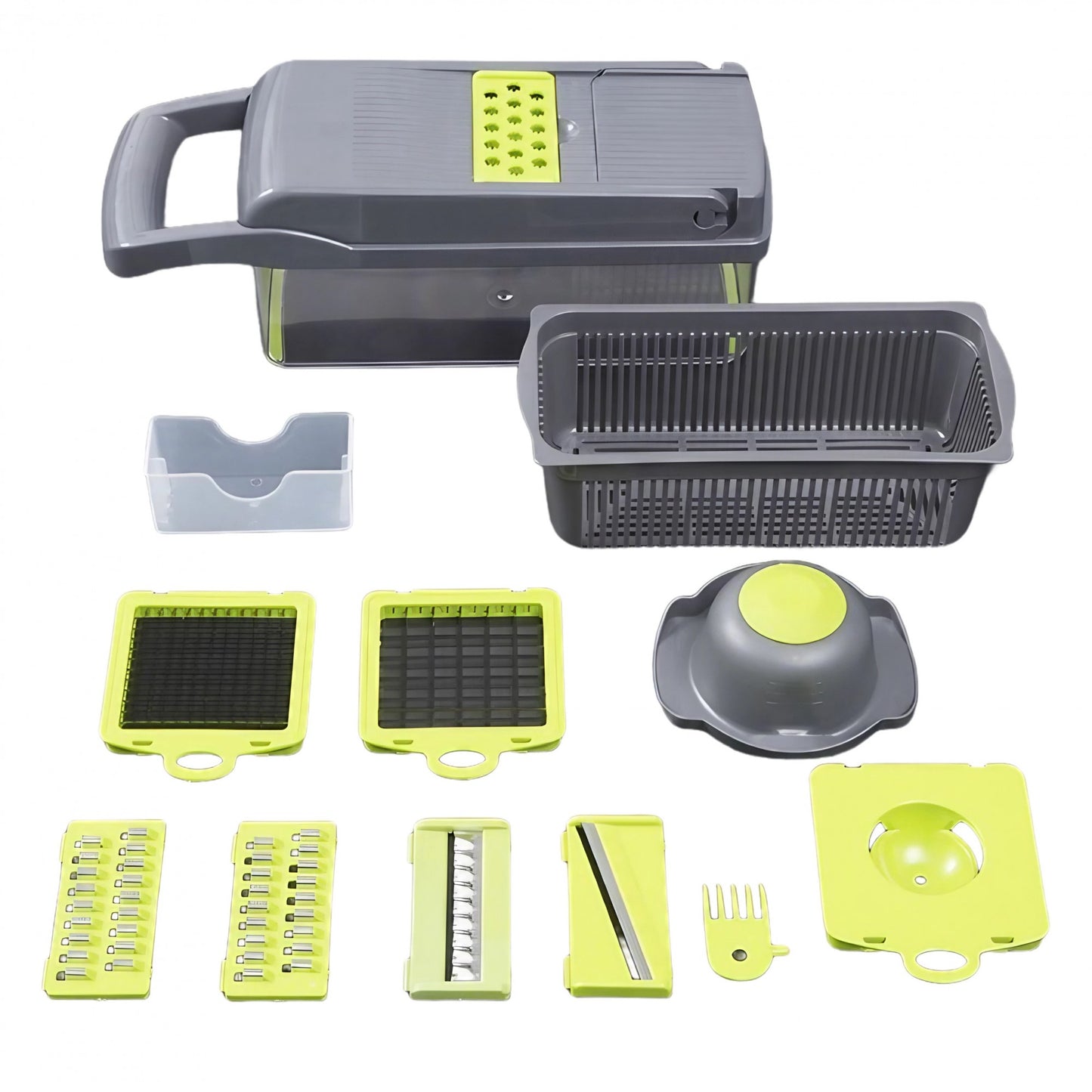 Feliator Multifunctional, Flippy, Razatoare, 8 in 1, pentru Fructe si Legume, 10 Piese, Lame de Inox, Recipient Stocare, Separator Oua, Protectie Mana, ABS, 32.2x11.3 cm, Verde/Gri-0