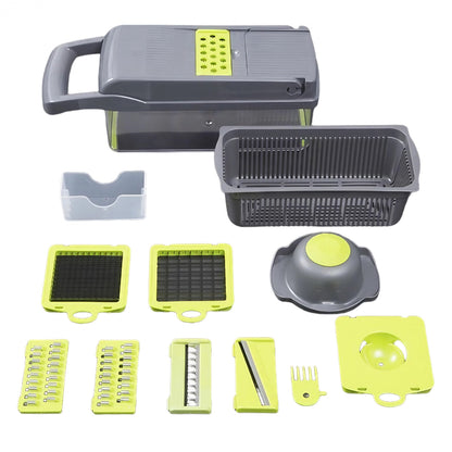 Feliator Multifunctional, Flippy, Razatoare, 8 in 1, pentru Fructe si Legume, 10 Piese, Lame de Inox, Recipient Stocare, Separator Oua, Protectie Mana, ABS, 32.2x11.3 cm, Verde/Gri-0