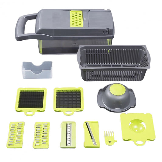 Feliator Multifunctional, Flippy, Razatoare, 8 in 1, pentru Fructe si Legume, 10 Piese, Lame de Inox, Recipient Stocare, Separator Oua, Protectie Mana, ABS, 32.2x11.3 cm, Verde/Gri-0