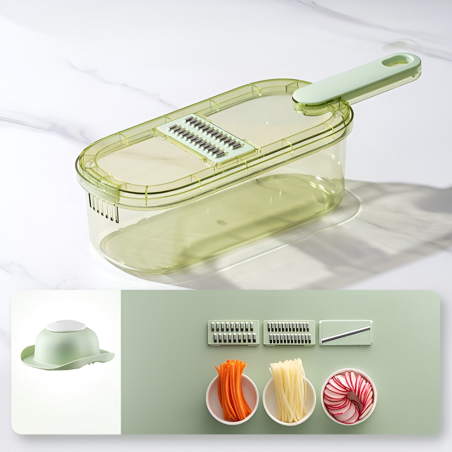 Feliator Multifunctional, Flippy, 3 in 1, pentru Fructe si Legume, 6 Piese, Maner, Lame de Inox, Recipient Stocare, Protectie Mana, ABS, 35x12x9.4 cm, Verde-6