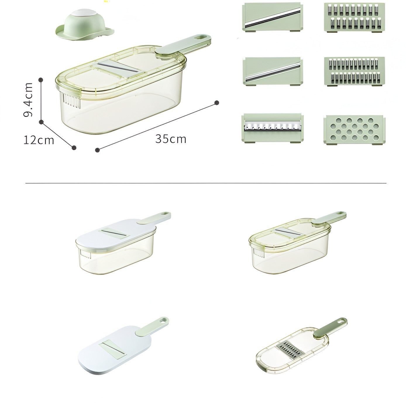 Feliator Multifunctional, Flippy, 6 in 1, pentru Fructe si Legume, 9 Piese, Maner, Lame de Inox, Recipient Stocare, Protectie Mana, ABS, 35x12x9.4 cm, Verde-2