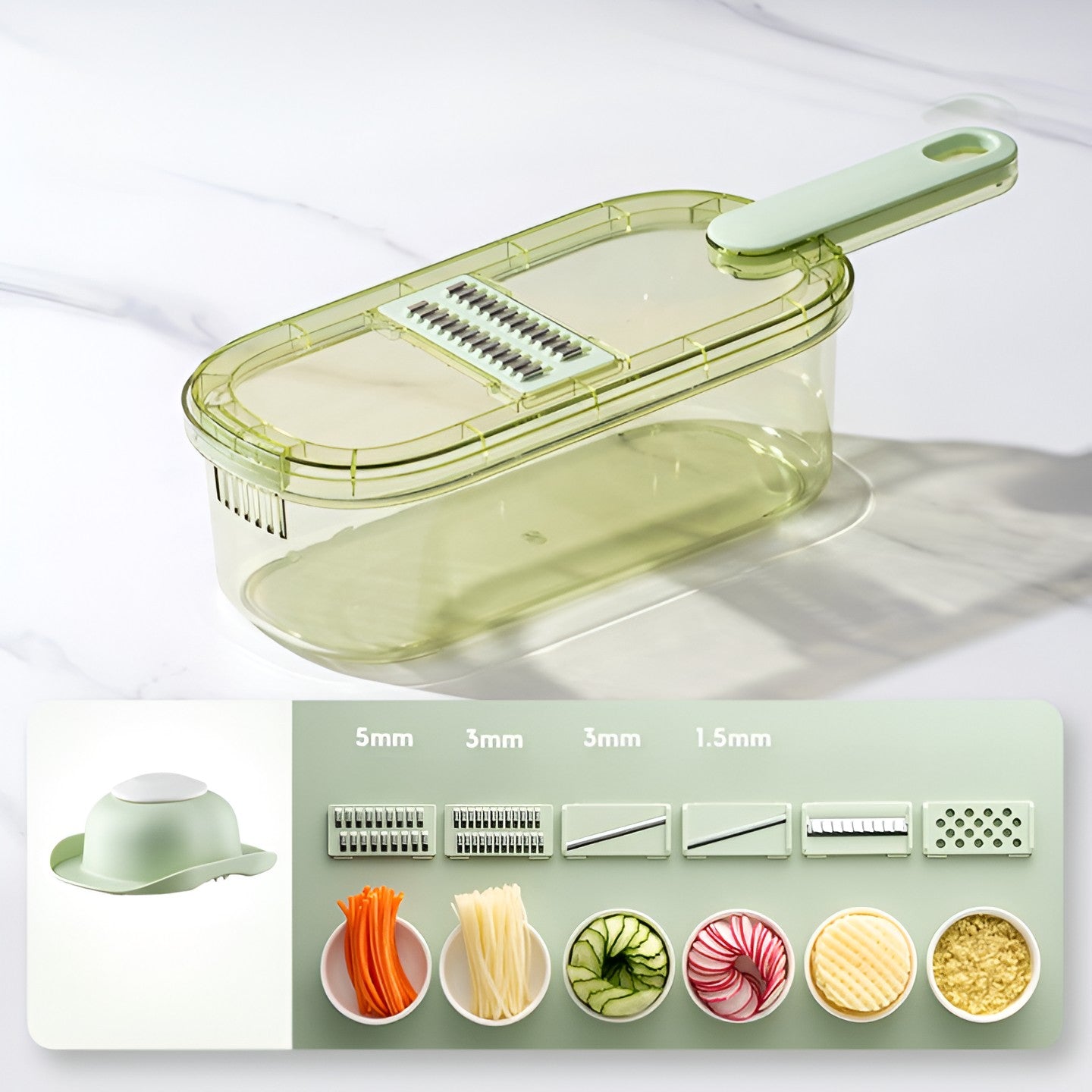 Feliator Multifunctional, Flippy, 6 in 1, pentru Fructe si Legume, 9 Piese, Maner, Lame de Inox, Recipient Stocare, Protectie Mana, ABS, 35x12x9.4 cm, Verde-7