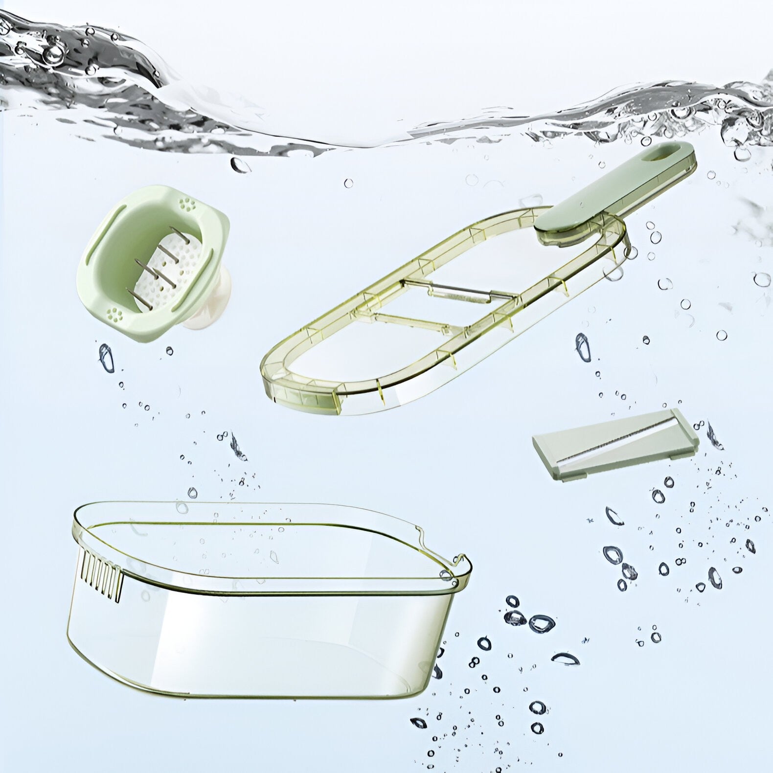 Feliator Multifunctional, Flippy, 6 in 1, pentru Fructe si Legume, 9 Piese, Maner, Lame de Inox, Recipient Stocare, Protectie Mana, ABS, 35x12x9.4 cm, Verde-8