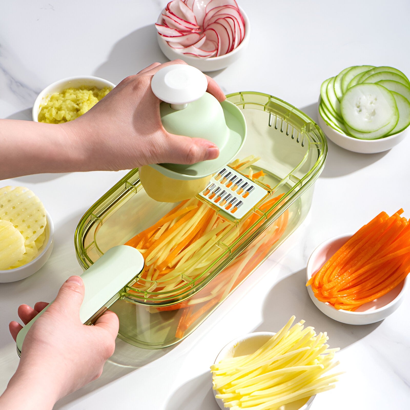 Feliator Multifunctional, Flippy, 6 in 1, pentru Fructe si Legume, 9 Piese, Maner, Lame de Inox, Recipient Stocare, Protectie Mana, ABS, 35x12x9.4 cm, Verde-9