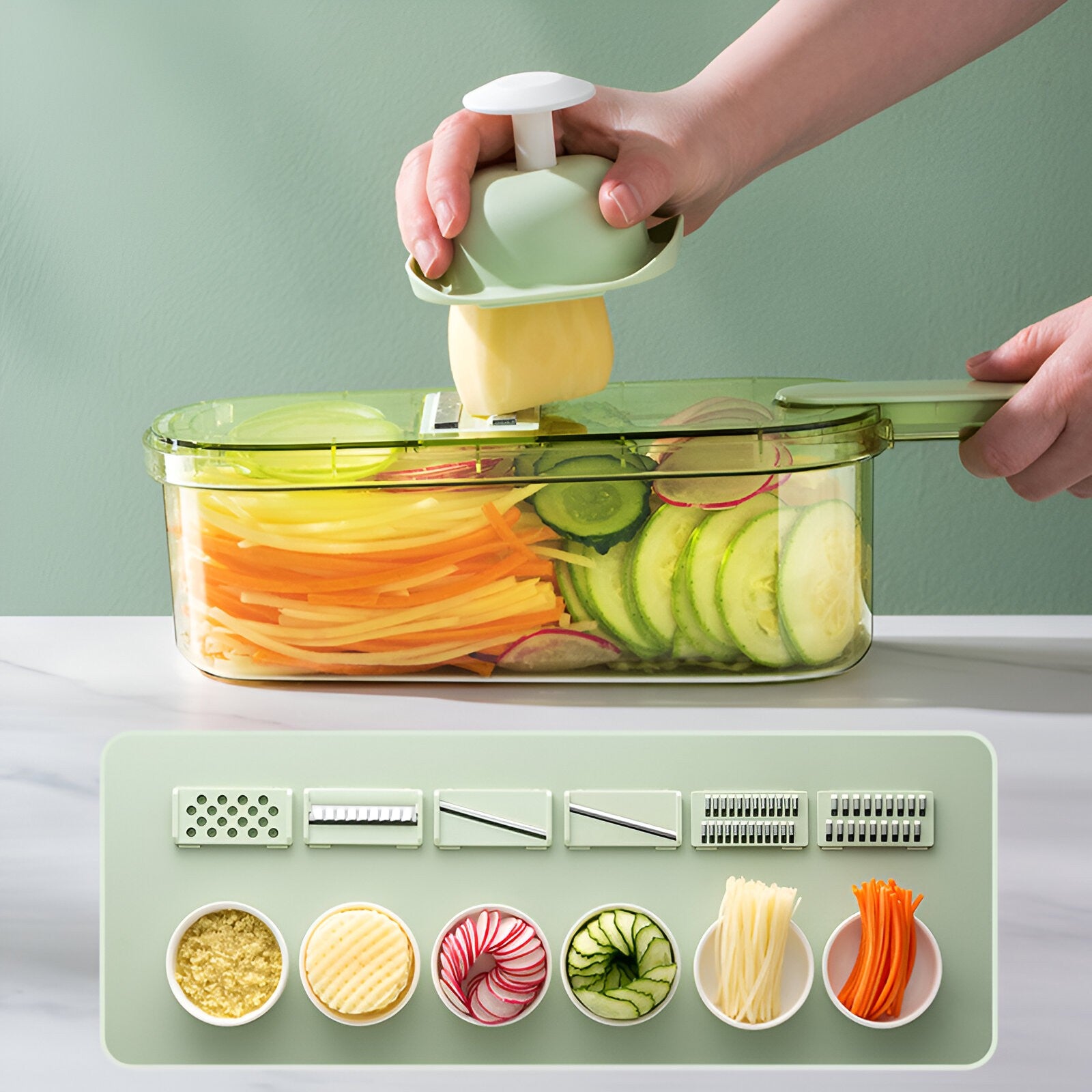 Feliator Multifunctional, Flippy, 6 in 1, pentru Fructe si Legume, 9 Piese, Maner, Lame de Inox, Recipient Stocare, Protectie Mana, ABS, 35x12x9.4 cm, Verde-10