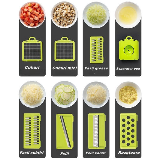 Feliator Multifunctional, Flippy, Razatoare, 8 in 1, pentru Fructe si Legume, 10 Piese, Lame de Inox, Recipient Stocare, Separator Oua, Protectie Mana, ABS, 67.5x38.5x49.5 cm, Verde/Alb-1