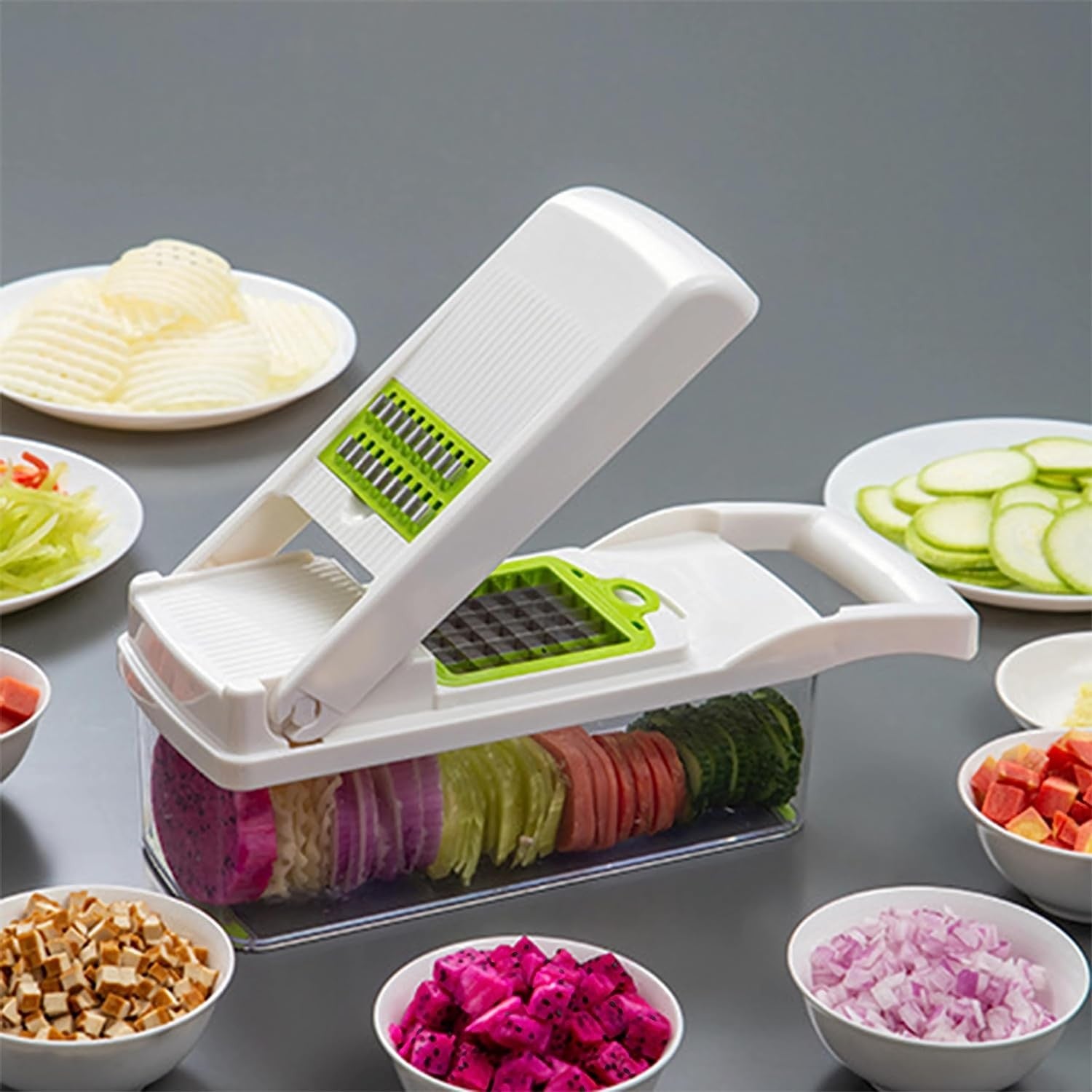 Feliator Multifunctional, Flippy, Razatoare, 8 in 1, pentru Fructe si Legume, 10 Piese, Lame de Inox, Recipient Stocare, Separator Oua, Protectie Mana, ABS, 67.5x38.5x49.5 cm, Verde/Alb-4