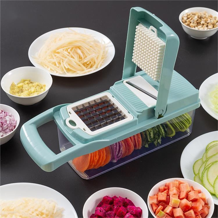 Feliator Multifunctional, Flippy, Razatoare, 8 in 1, pentru Fructe si Legume, 10 Piese, Lame de Inox, Recipient Stocare, Separator Oua, Protectie Mana, ABS, 32.2x11.3 cm, Albastru/Alb-6