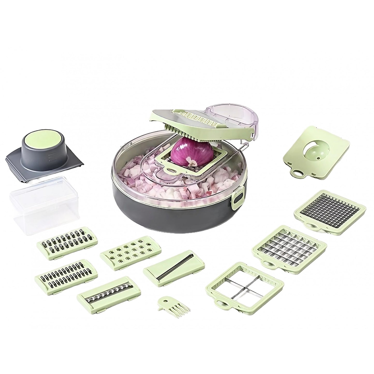 Feliator Multifunctional, Flippy, Razatoare, 8 in 1, pentru Fructe si Legume, 12 Piese, Lame de Inox, Recipient Stocare, Separator Oua, Protectie Mana, ABS, Gri/Verde, 29.5x9x21.8 cm-0