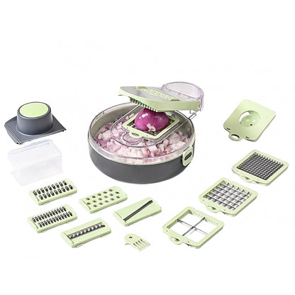 Feliator Multifunctional, Flippy, Razatoare, 8 in 1, pentru Fructe si Legume, 12 Piese, Lame de Inox, Recipient Stocare, Separator Oua, Protectie Mana, ABS, Gri/Verde, 29.5x9x21.8 cm-0
