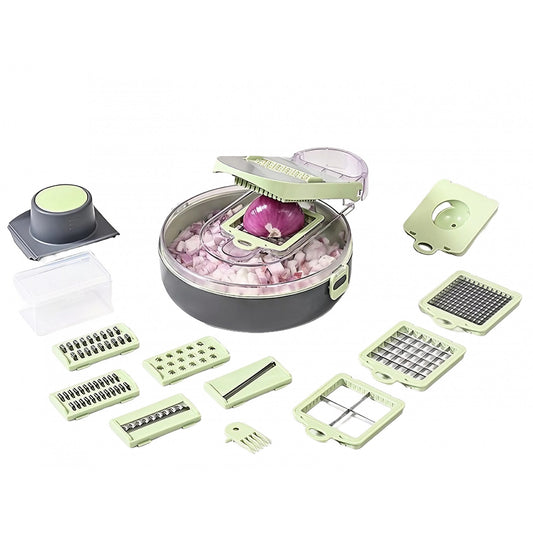Feliator Multifunctional, Flippy, Razatoare, 8 in 1, pentru Fructe si Legume, 12 Piese, Lame de Inox, Recipient Stocare, Separator Oua, Protectie Mana, ABS, Gri/Verde, 29.5x9x21.8 cm-0