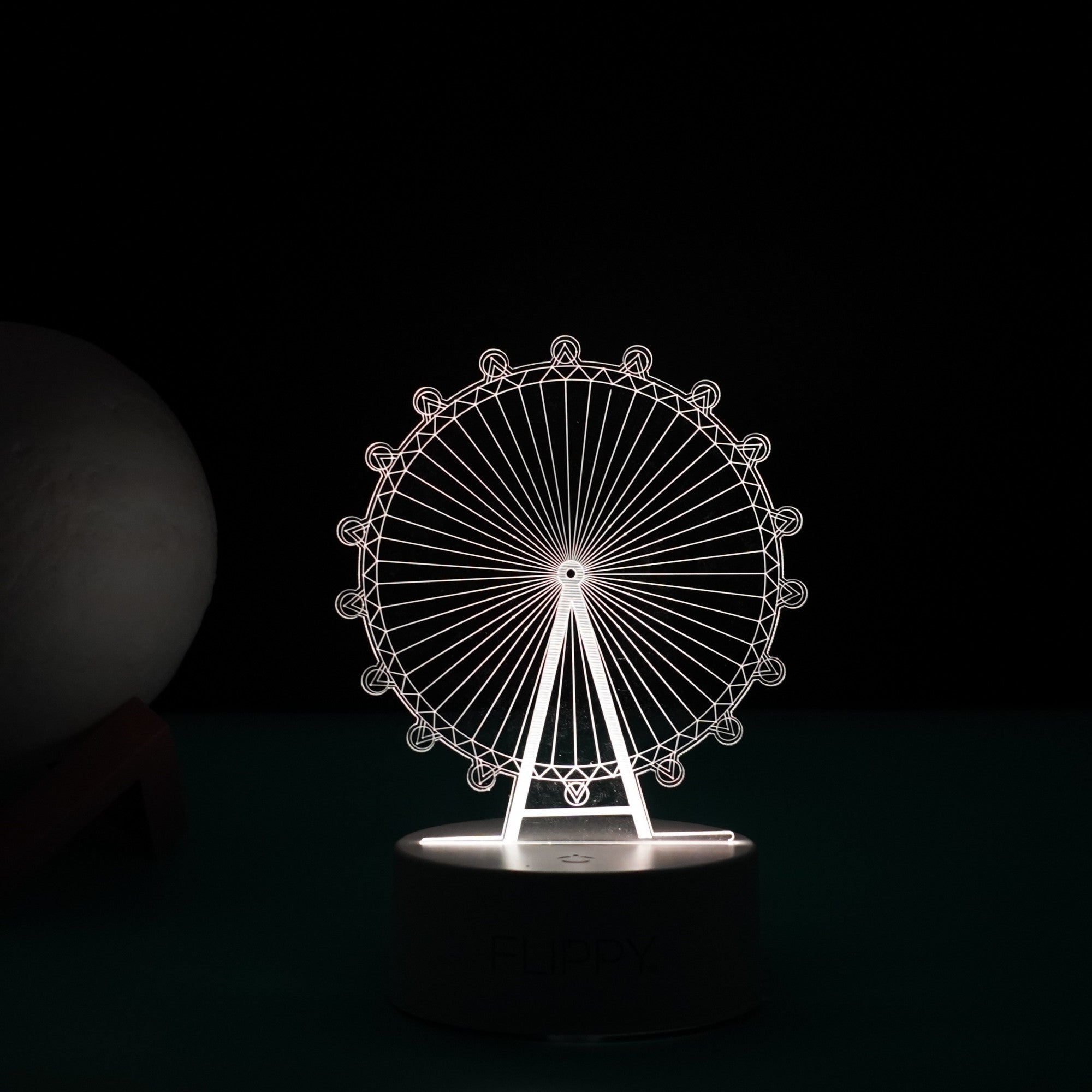 Lampa LED decorativa, Flippy, 3D, Roata Panoramica, cu telecomanda, doua moduri de alimentare USB si baterii, 20 cm inaltime, din material acril si lumina multicolora, alb-2