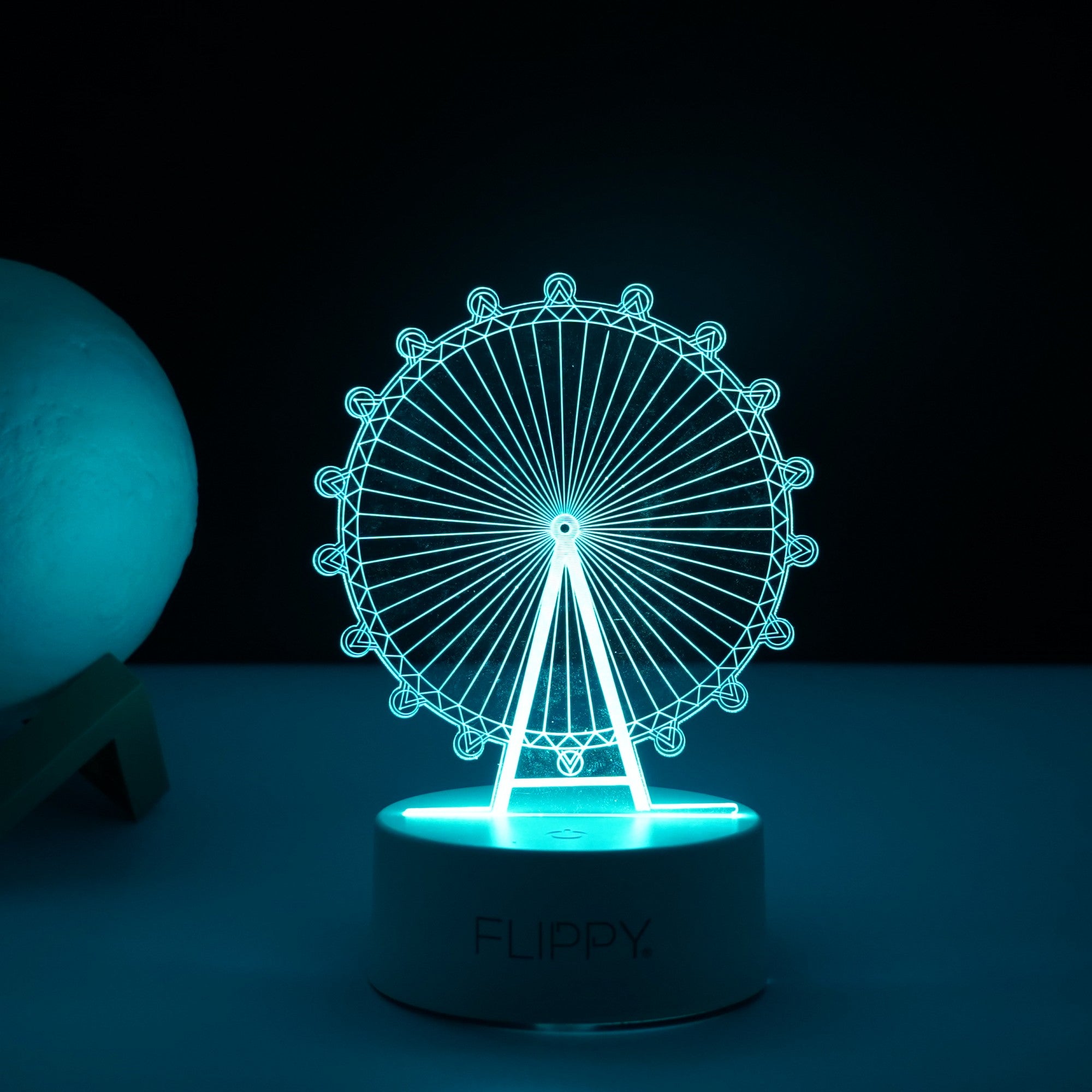 Lampa LED decorativa, Flippy, 3D, Roata Panoramica, cu telecomanda, doua moduri de alimentare USB si baterii, 20 cm inaltime, din material acril si lumina multicolora, alb-3