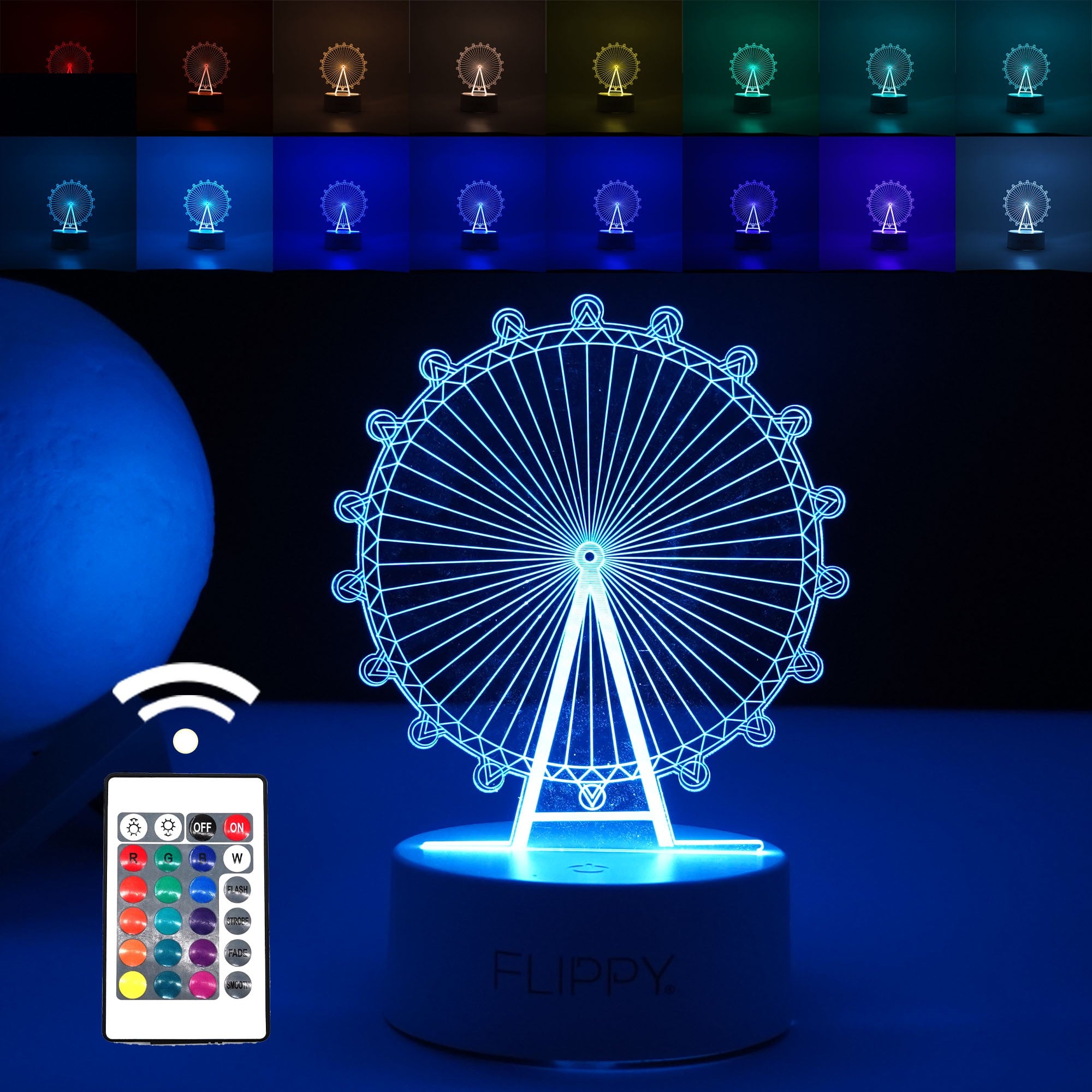 Lampa LED decorativa, Flippy, 3D, Roata Panoramica, cu telecomanda, doua moduri de alimentare USB si baterii, 20 cm inaltime, din material acril si lumina multicolora, alb-0