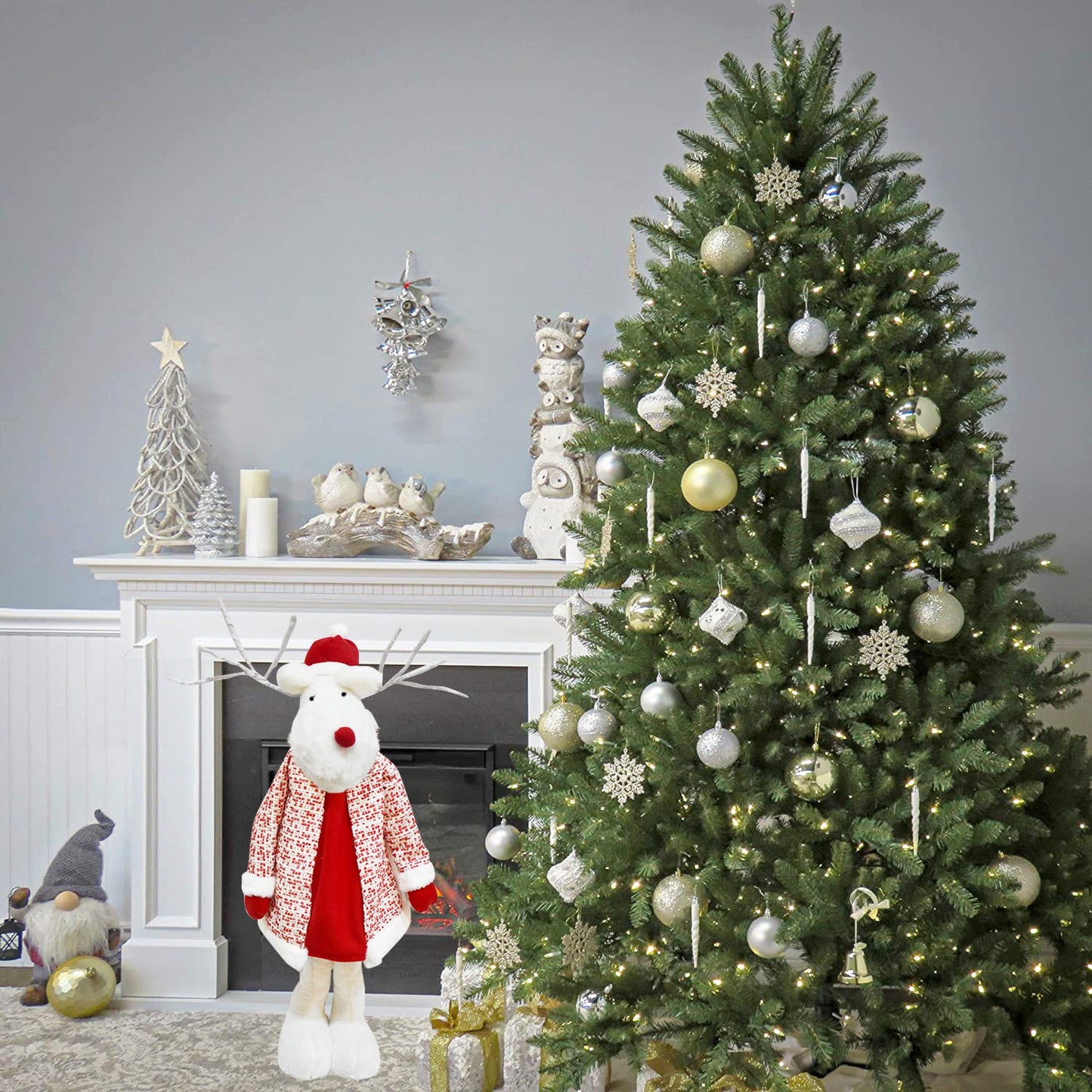 Figurina Decorativa, Pentru Craciun, Flippy, Ren, Picioare Telescopice, Inaltime Reglabila 42 - 80 cm, cu Haina, Alb/Rosu-8