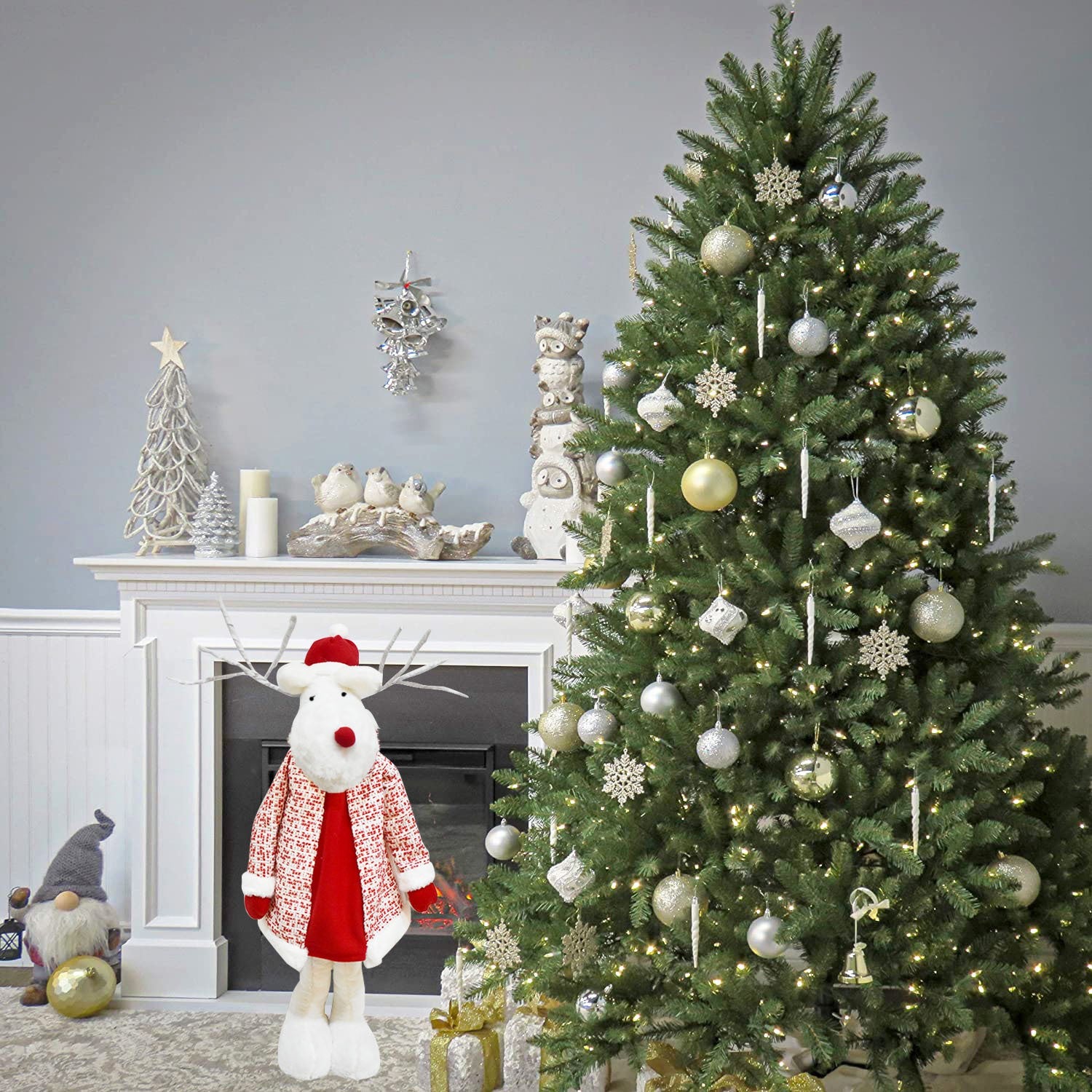 Figurina Decorativa, Pentru Craciun, Flippy, Ren, Picioare Telescopice, Inaltime Reglabila 42 - 80 cm, cu Haina, Alb/Rosu-8