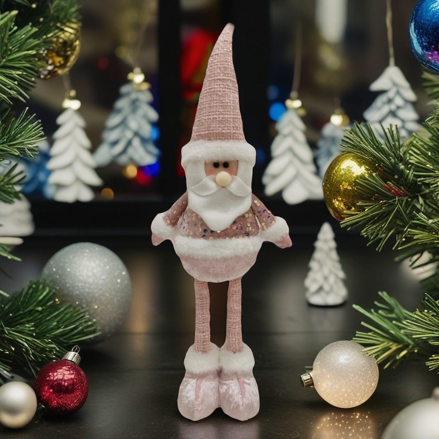 Figurina Decorativa, Pentru Craciun, Flippy, Mos Craciun, Picioare Telescopice, Inaltime Reglabila 44-54cm, Bluza cu Paiete, Roz-0