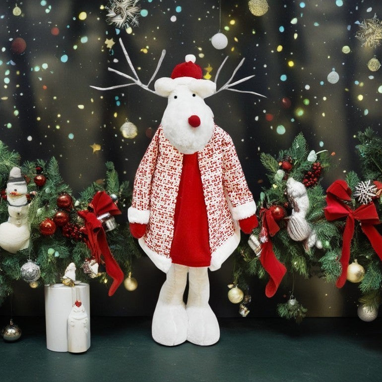 Figurina Decorativa, Pentru Craciun, Flippy, Ren, Picioare Telescopice, Inaltime Reglabila 42 - 80 cm, cu Haina, Alb/Rosu-0