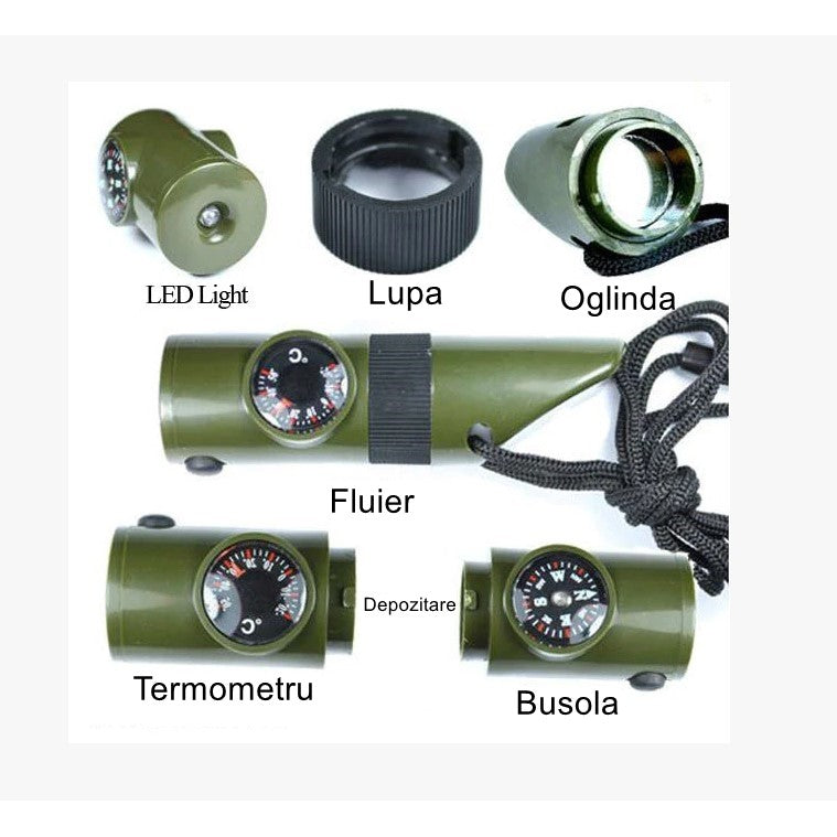Kit supravieturie Flippy, Fluier multifunctional 7 in 1, pentru drumetii, hiking, lupa, fluier, termometru, depozitare pastile, busola, din material ABS, cu snur,  9,7 x 2,8 cm, verde-10