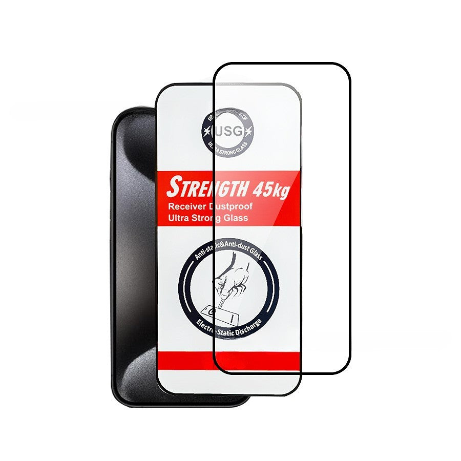 Folie de Protectie, Flippy, pentru iPhone 15 Pro Max, Tempered Glass USG, Ultra Rezistent 45kg, Full Cover, Antistatica, Margini Negre, Transparent-0