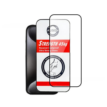 Folie de Protectie, Flippy, pentru iPhone 15 Pro Max, Tempered Glass USG, Ultra Rezistent 45kg, Full Cover, Antistatica, Margini Negre, Transparent-0