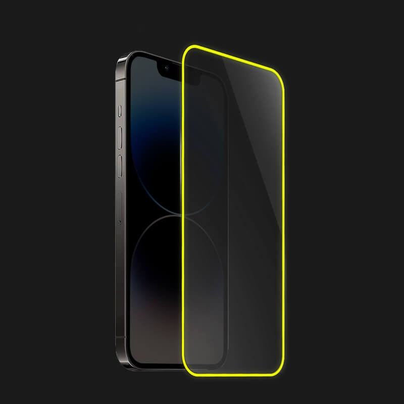 Folie de Sticla Securizata pentru Apple iPhone 15, Flippy, Luminous, Margine Fosforescenta Neon din Silicon, Mat, Anti-Amprenta, Protectie Completa, 9H, Galben-2