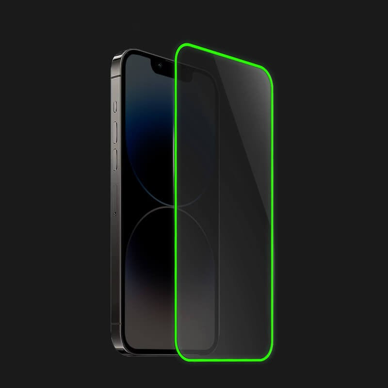 Folie de Sticla Securizata pentru Apple iPhone 15 Pro Max, Flippy, Luminous, Margine Fosforescenta Neon din Silicon, Mat, Anti-Amprenta, Protectie Completa, 9H, Verde-3