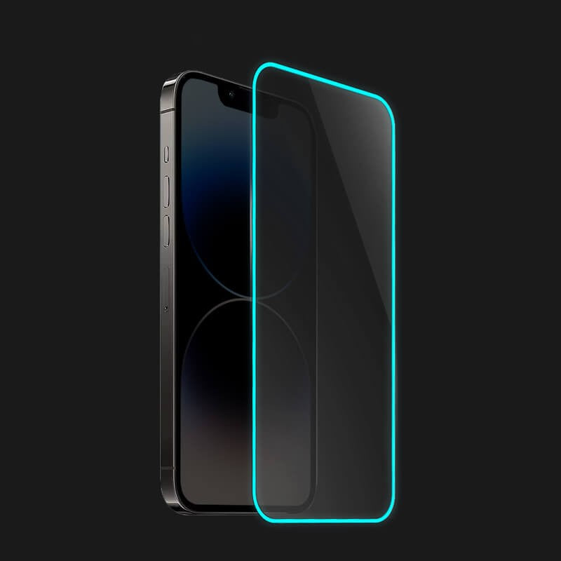Folie de Sticla Securizata pentru Apple iPhone 15 Pro Max, Flippy, Luminous, Margine Fosforescenta Neon din Silicon, Mat, Anti-Amprenta, Protectie Completa, 9H, Albastru-3