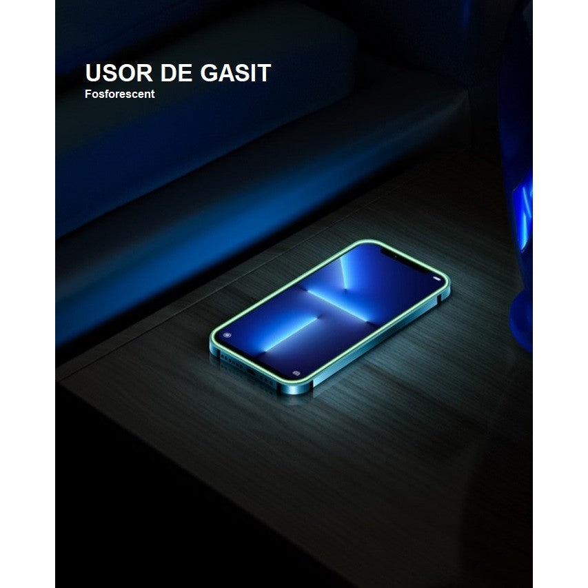 Folie de Sticla Securizata pentru Apple iPhone 15 Pro Max, Flippy, Luminous, Margine Fosforescenta Neon din Silicon, Mat, Anti-Amprenta, Protectie Completa, 9H, Albastru-6