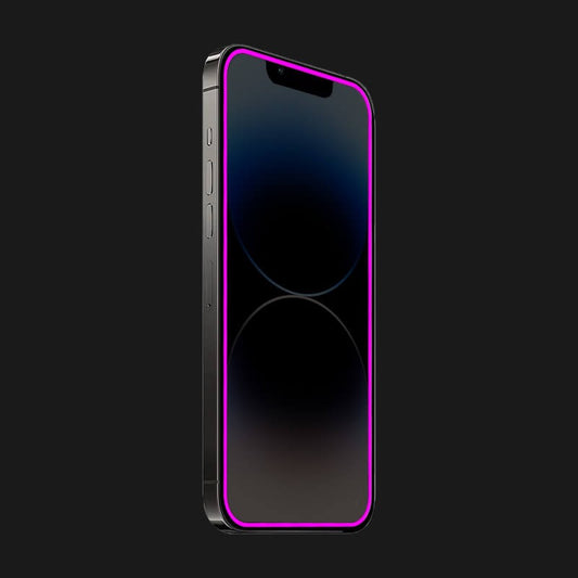 Folie de Sticla Securizata pentru Apple iPhone 15 Pro Max, Flippy, Luminous, Margine Fosforescenta Neon din Silicon, Mat, Anti-Amprenta, Protectie Completa, 9H, Violet-1