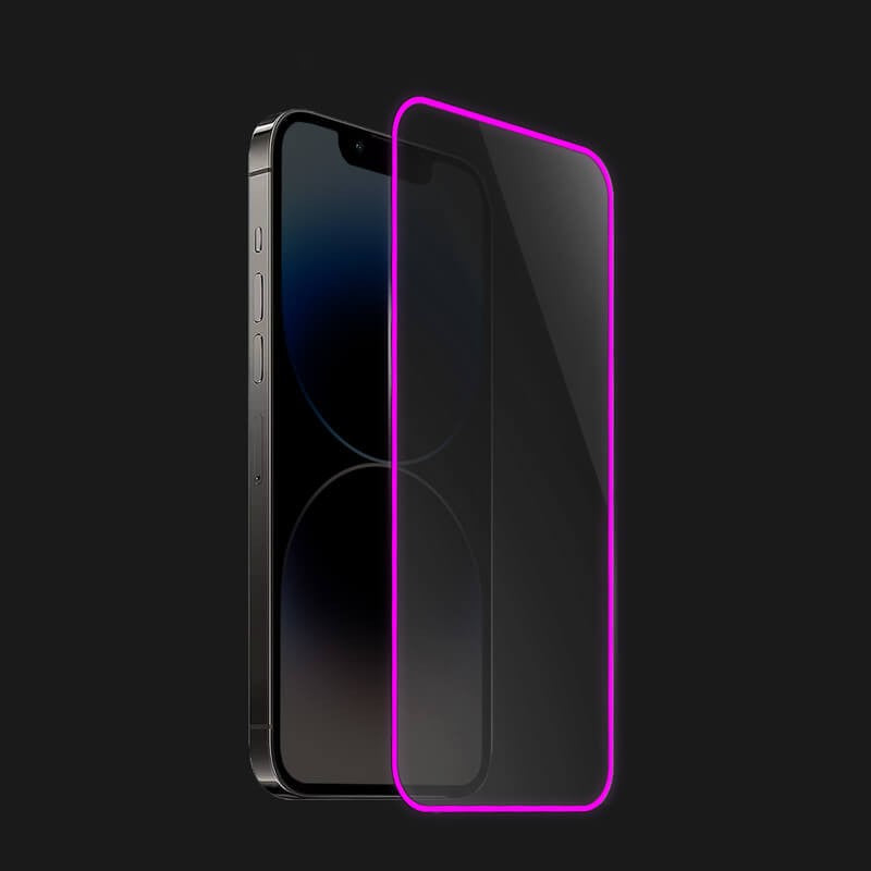 Folie de Sticla Securizata pentru Apple iPhone 15 Pro Max, Flippy, Luminous, Margine Fosforescenta Neon din Silicon, Mat, Anti-Amprenta, Protectie Completa, 9H, Violet-2