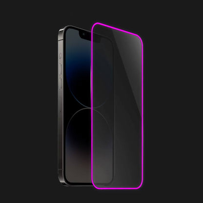 Folie de Sticla Securizata pentru Apple iPhone 15 Pro Max, Flippy, Luminous, Margine Fosforescenta Neon din Silicon, Mat, Anti-Amprenta, Protectie Completa, 9H, Violet-2