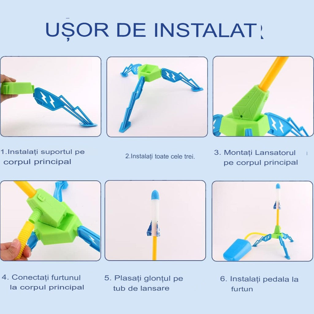 Jucarie pentru Copii, Flippy, Lansator de Rachete cu Piciorul, un Singur Lansator, 6 Rachete Fara Lumini, 40.5 cm Inaltime, Multicolor-1