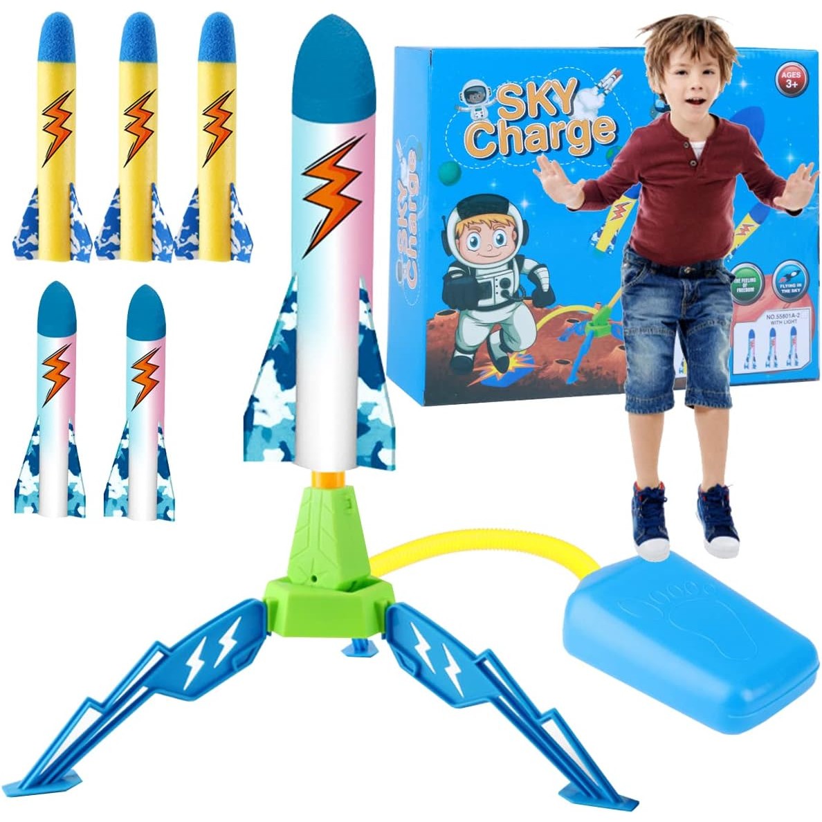 Jucarie pentru Copii, Flippy, Lansator de Rachete cu Piciorul, un Singur Lansator, 6 Rachete Fara Lumini, 40.5 cm Inaltime, Multicolor-7