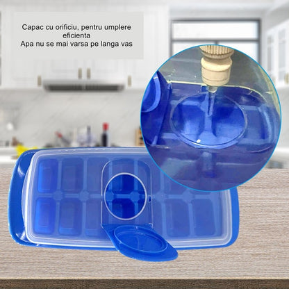 Forma pentru cuburi de gheata Flippy, 14 cuburi, reutilizabil, plastic alimentar, cu capac, orificiu umplere, dreptunghiulara, 29.5 x 12.5 x4 cm, albastru-6