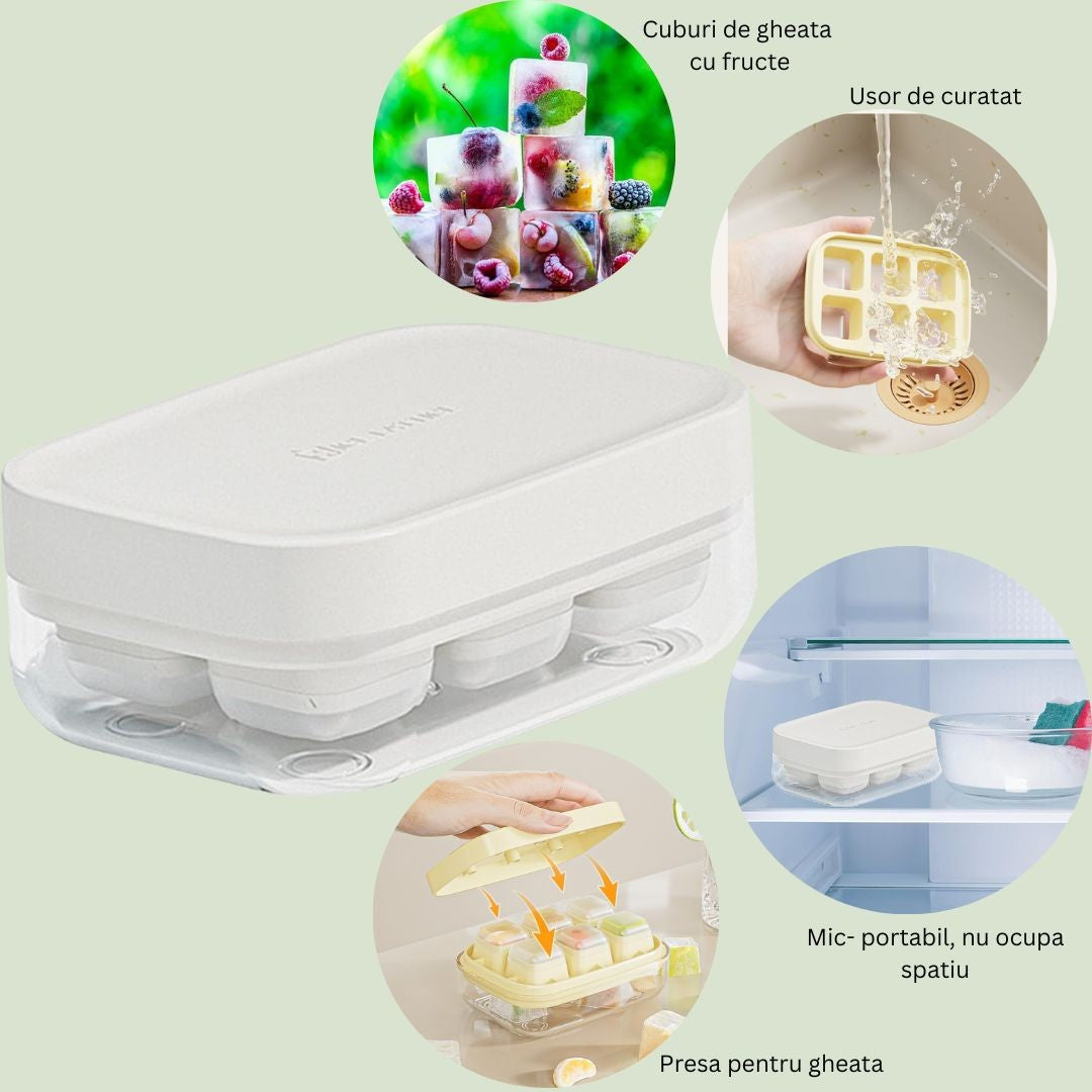 Forma pentru gheata cu presa Flippy, din silicon alimentar, 6 cuburi, caserola pentru depozitare, usor de folosit si curatat, 10.5 x 7.5 x 4.1 cm, alb-2