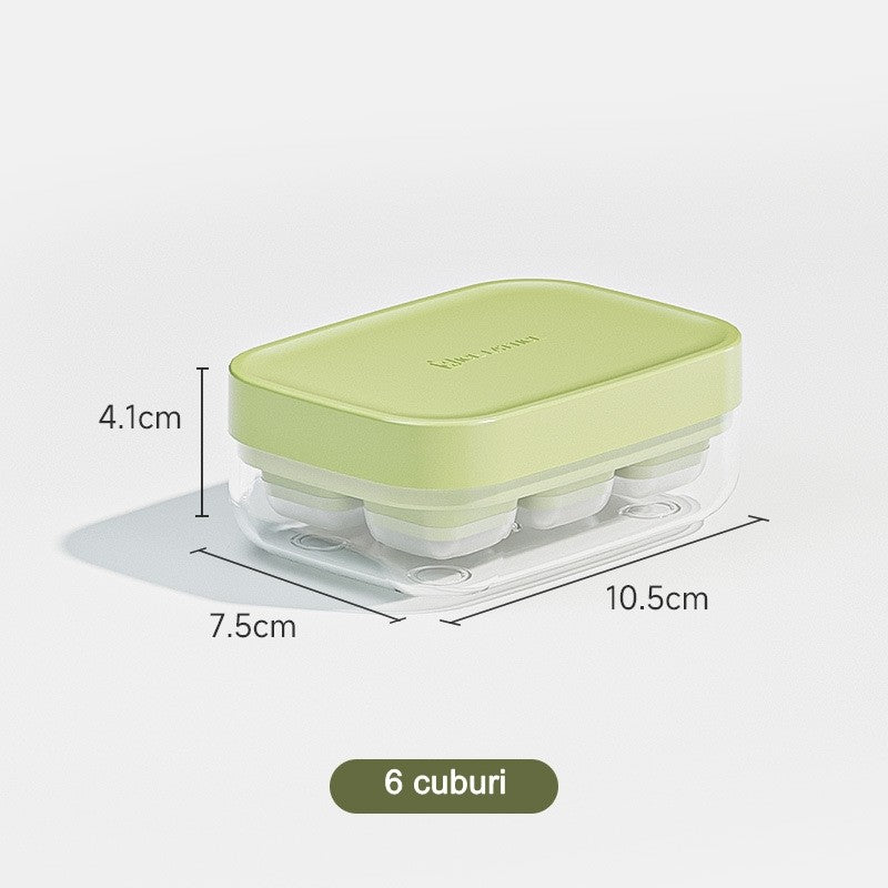 Forma pentru gheata cu presa Flippy, din silicon alimentar, 6 cuburi, caserola pentru depozitare, usor de folosit si curatat, 10.5 x 7.5 x 4.1 cm, verde-1