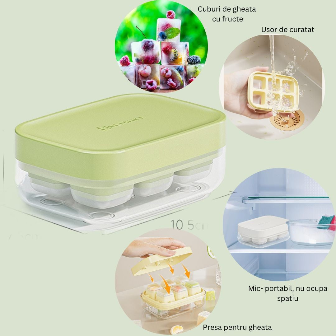 Forma pentru gheata cu presa Flippy, din silicon alimentar, 6 cuburi, caserola pentru depozitare, usor de folosit si curatat, 10.5 x 7.5 x 4.1 cm, verde-2