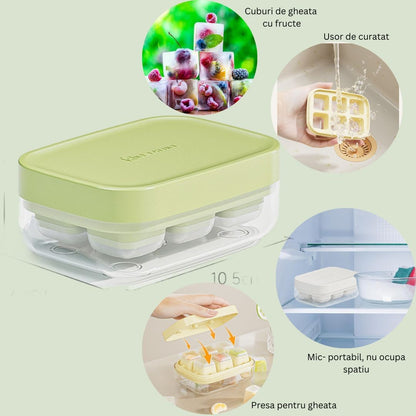 Forma pentru gheata cu presa Flippy, din silicon alimentar, 6 cuburi, caserola pentru depozitare, usor de folosit si curatat, 10.5 x 7.5 x 4.1 cm, verde-2