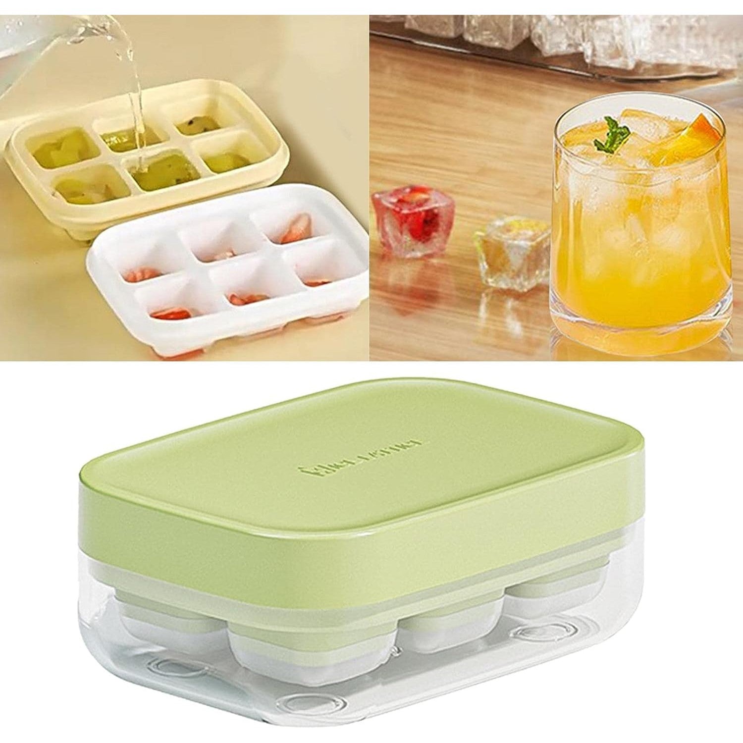 Forma pentru gheata cu presa Flippy, din silicon alimentar, 6 cuburi, caserola pentru depozitare, usor de folosit si curatat, 10.5 x 7.5 x 4.1 cm, verde-6