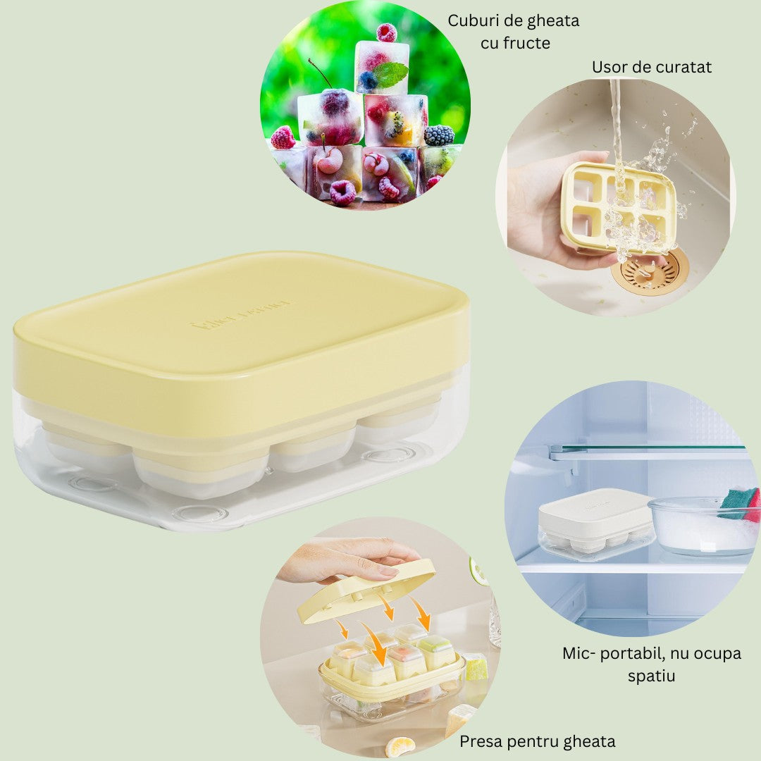 Forma pentru gheata cu presa Flippy, din silicon alimentar, 6 cuburi, caserola pentru depozitare, usor de folosit si curatat, 10.5 x 7.5 x 4.1 cm, galben-1