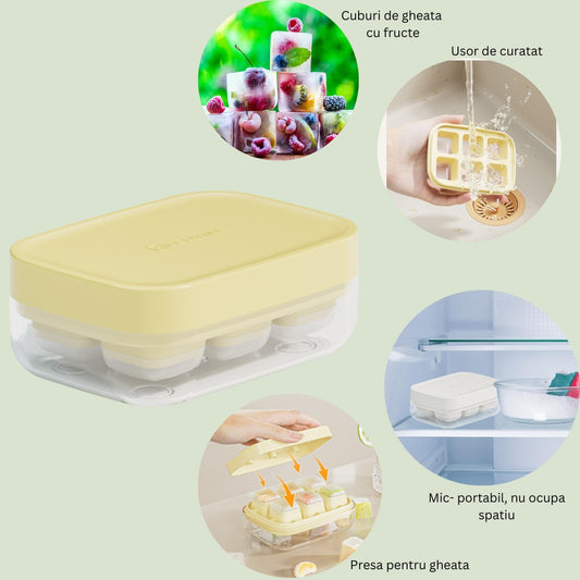 Forma pentru gheata cu presa Flippy, din silicon alimentar, 6 cuburi, caserola pentru depozitare, usor de folosit si curatat, 10.5 x 7.5 x 4.1 cm, galben-1