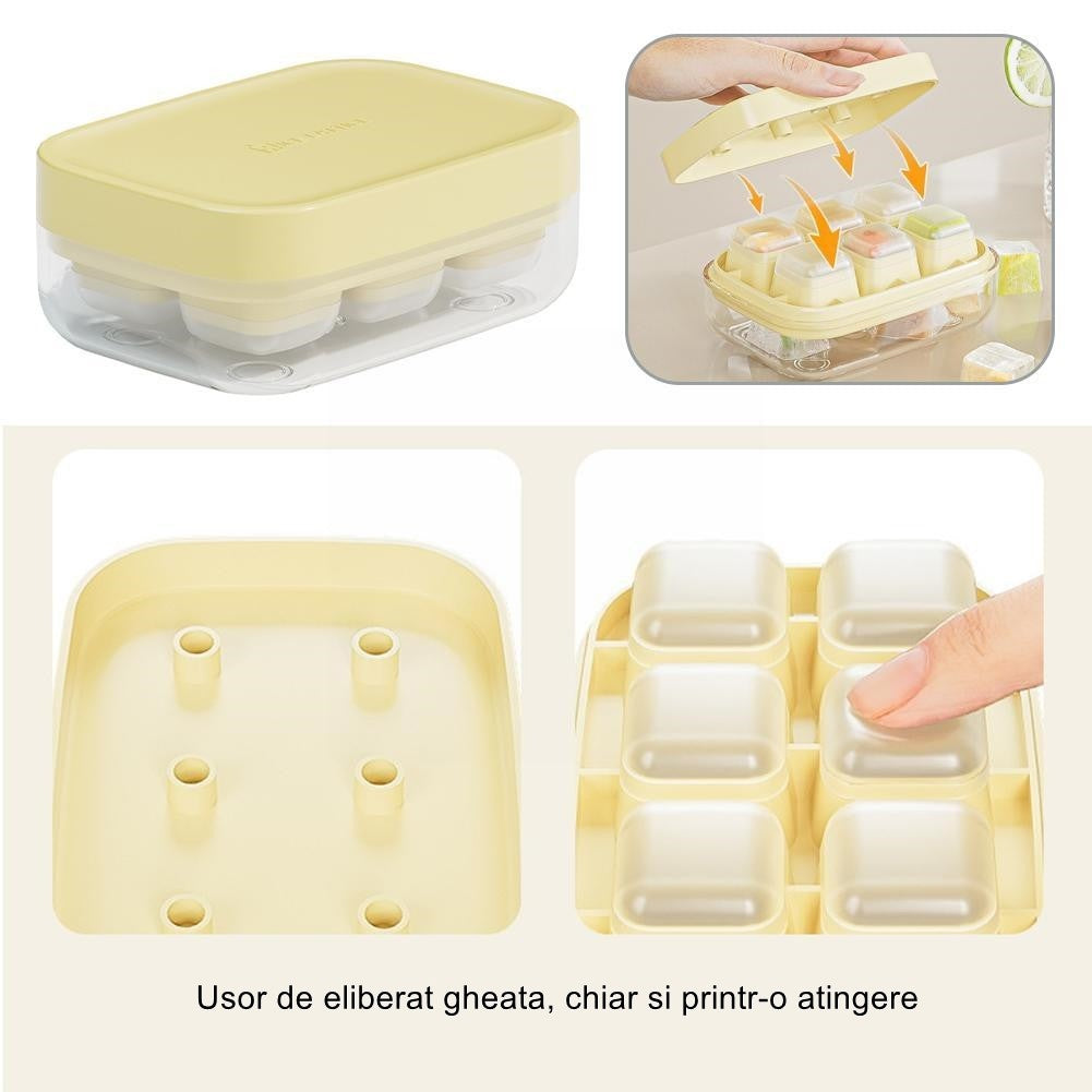 Forma pentru gheata cu presa Flippy, din silicon alimentar, 6 cuburi, caserola pentru depozitare, usor de folosit si curatat, 10.5 x 7.5 x 4.1 cm, galben-3