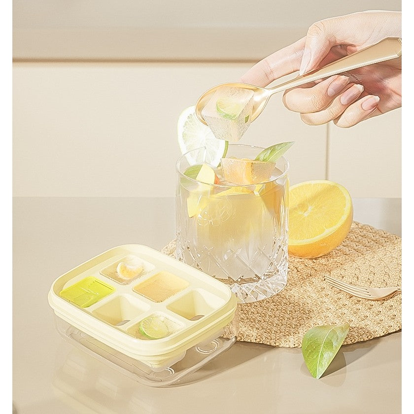 Forma pentru gheata cu presa Flippy, din silicon alimentar, 6 cuburi, caserola pentru depozitare, usor de folosit si curatat, 10.5 x 7.5 x 4.1 cm, galben-4