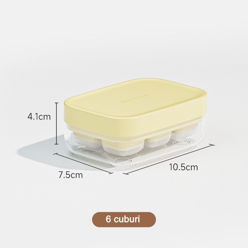 Forma pentru gheata cu presa Flippy, din silicon alimentar, 6 cuburi, caserola pentru depozitare, usor de folosit si curatat, 10.5 x 7.5 x 4.1 cm, galben-5