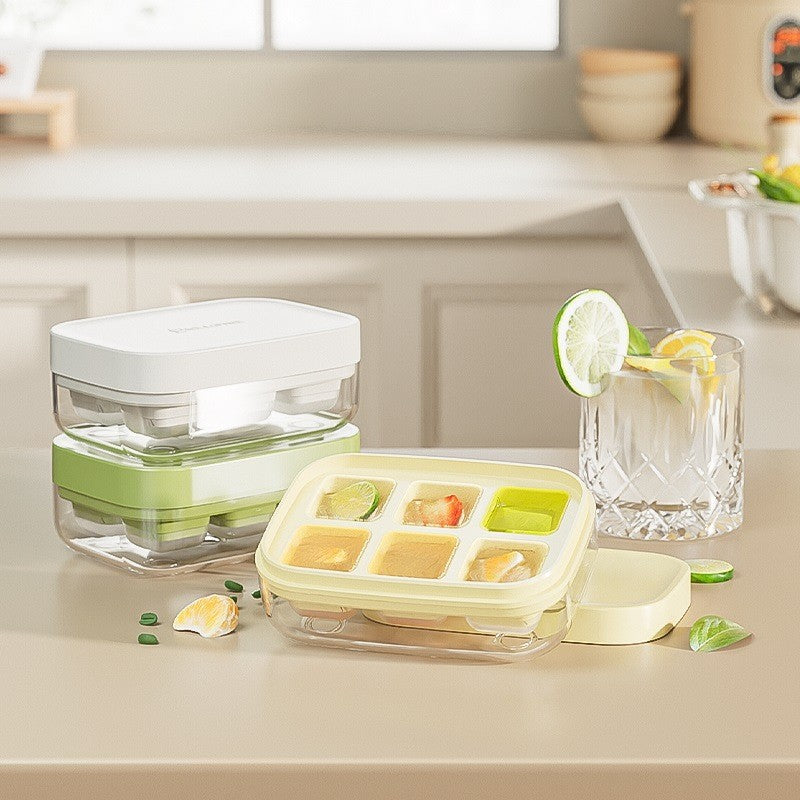 Forma pentru gheata cu presa Flippy, din silicon alimentar, 6 cuburi, caserola pentru depozitare, usor de folosit si curatat, 10.5 x 7.5 x 4.1 cm, galben-8
