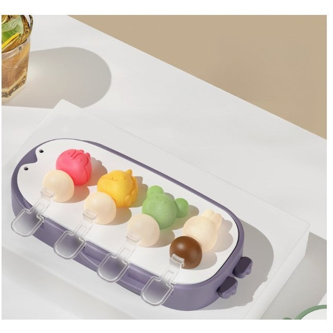Forma pentru inghetata Flippy, 4 compartimente, forme cu animalute, materialsilicon si ABS, 21 x 12.8 x 3cm, mov-2