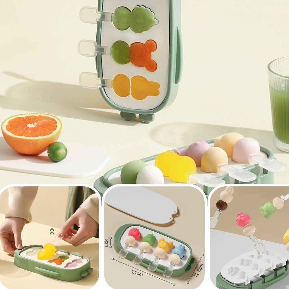 Forma pentru inghetata Flippy, 4 compartimente, forme cu animalute, materialsilicon si ABS, 21 x 12.8 x 3cm, verde-1