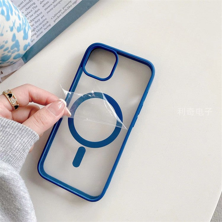 Husa MagSafe pentru Apple iPhone 14 Pro Max, Full Cover, Frosted Acrylic Color Big Hole, Magnetica, Incarcare Wireless, Flippy, Albastru-1