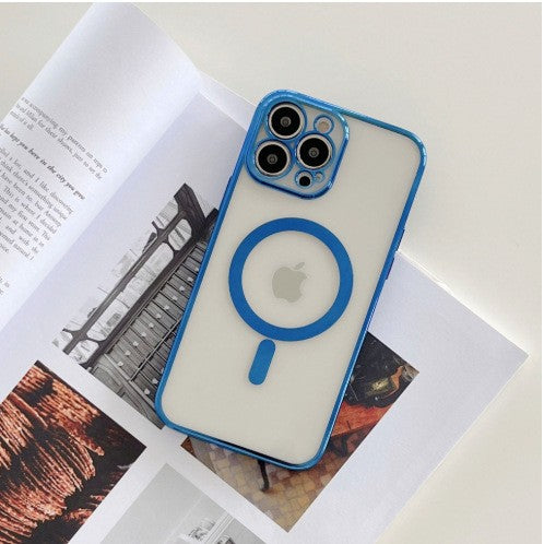 Husa MagSafe pentru Apple iPhone 14 Pro Max, Protectie camera, Full TPU, Margini colorate Electroplating, Magnetica, Incarcare Wireless, Flippy, Albastru-3